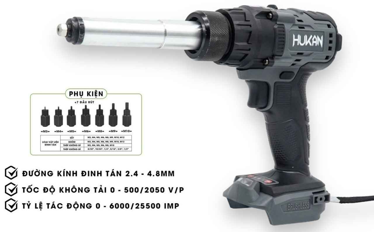Máy rút đinh tán & Rive dùng Pin 21V Hukan HM21-G2-RIV5320- ĐỨC 7 hiền