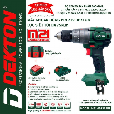 COMBO máy khoan Pin 3 chức Năng 75Nm DEKTON M21-ID1375BL chính hãng giá rẻ