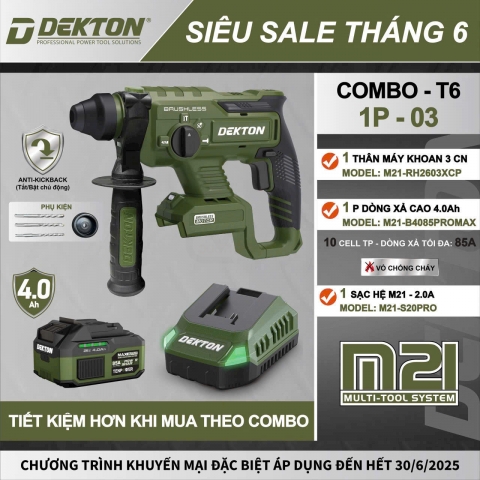 Máy khoan bê tông Pin 21V Dekton M21-RH2603XCP antikickback 