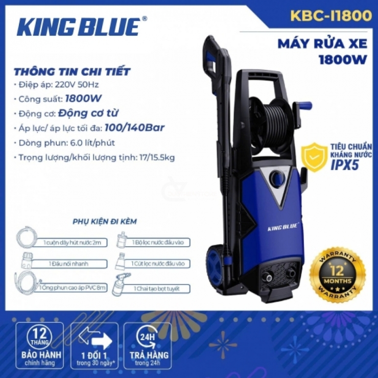 Máy rửa xe 1.8kW Kingblue KBC-l1800 áp cao 140Bar