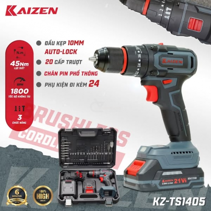 Máy khoan Pin 21V 45Nm Kaizen KZ-TS1405BL kèm 24 phụ kiện