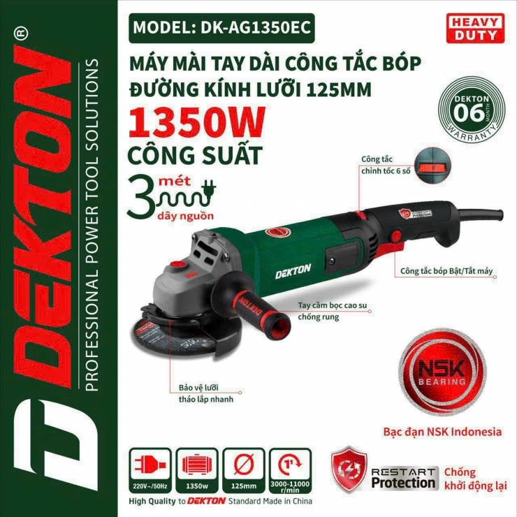 Máy mài góc 125mm Dekton DK-AG1350EC chỉnh tốc tay dài 1350W