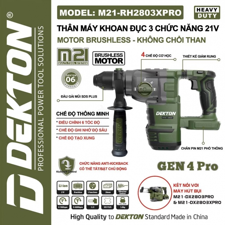 Máy khoan búa Pin Dekton M21-RH2803XPRO ( chưa Pin & Sạc )