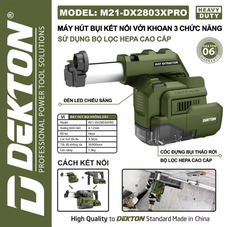 Hút bụi kết nối khoan Pin Dekton M21-DX2803XPRO