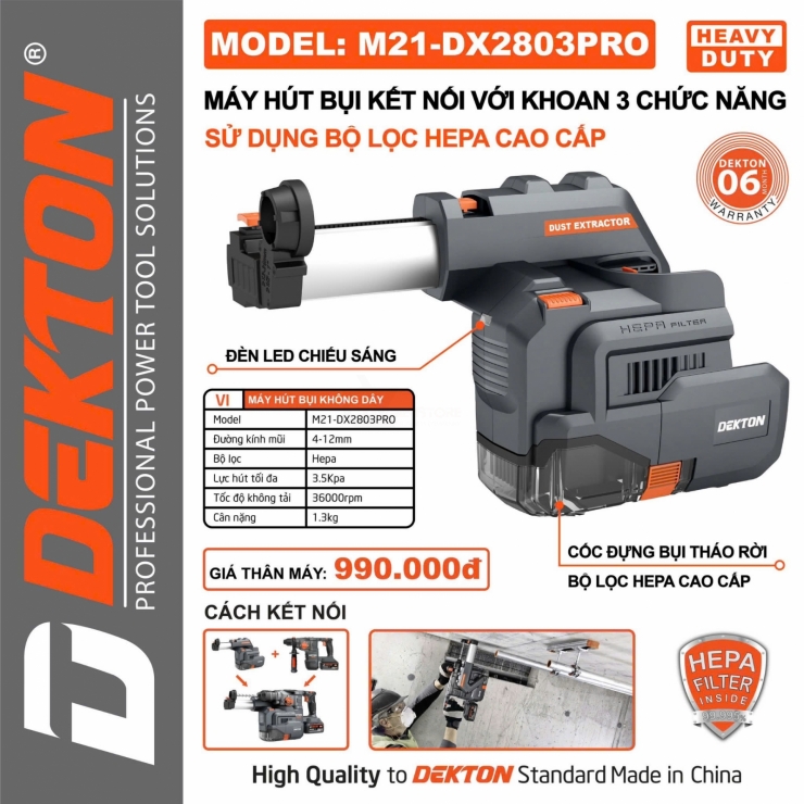 Hút bụi kết nối khoan Pin Dekton M21-DX2803XPRO