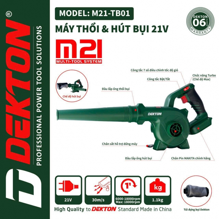 Máy Thổi Lá Dùng Pin Dekton M21-TB02 (Chưa Pin & Sạc)