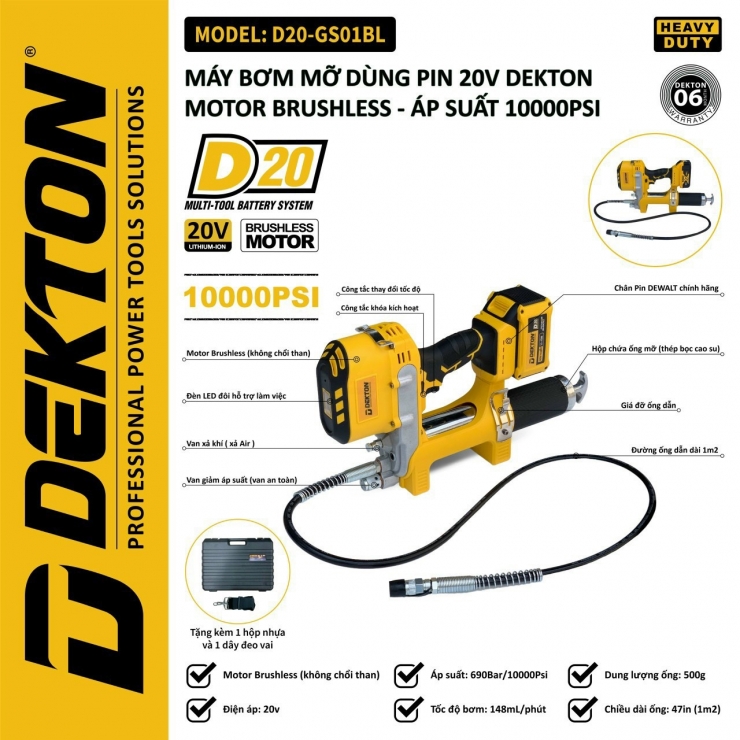 Máy bơm mỡ Pin 20V Dekton D20-GS01BL ( Chân Pin Dewalt )