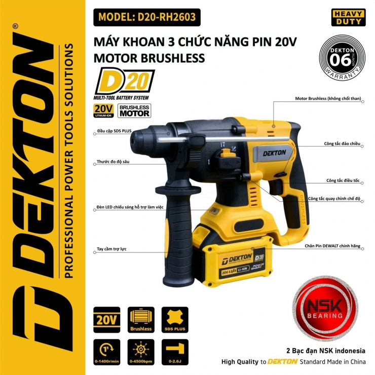 Thân Máy Khoan búa dùng Pin Dekton D20-RH2603BL (Chưa Pin & Sạc)