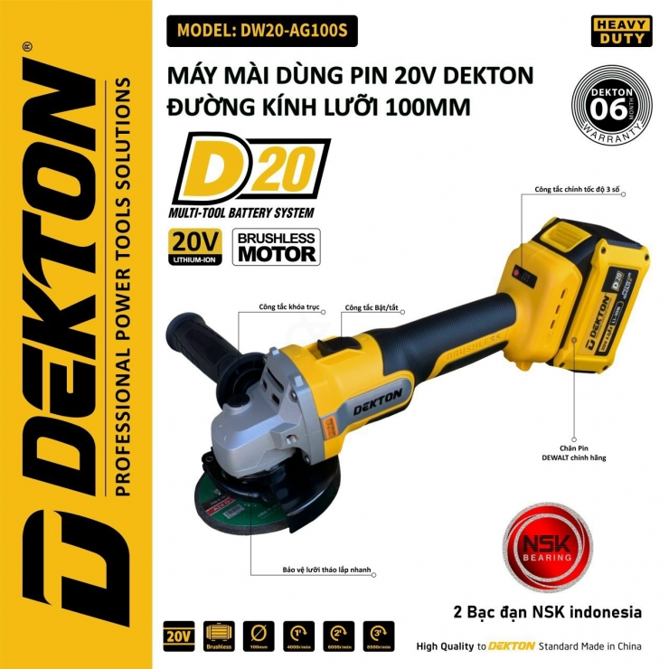 Thân Máy Mài Góc Dùng Pin 20V Dekton D20-AG100S (Chưa Pin & Sạc)