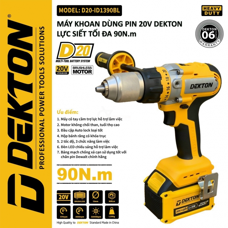 Thân Máy Khoan Pin Dekton D20-ID1390BL ( Chưa Pin & Sạc )