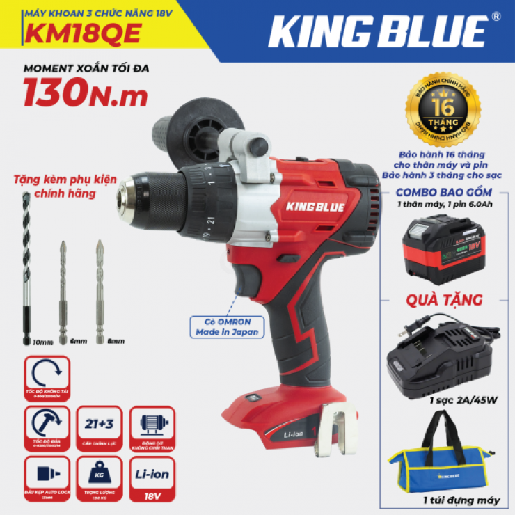 Máy khoan Pin 130Nm KINGBLUE KM18QE ( 3 chức năng )