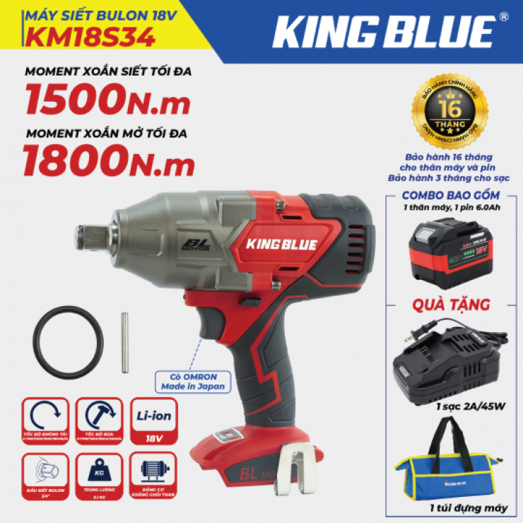 Máy siết bulong Pin 1500Nm KingBlue KM18S12 ( cốt 1/2 inch )