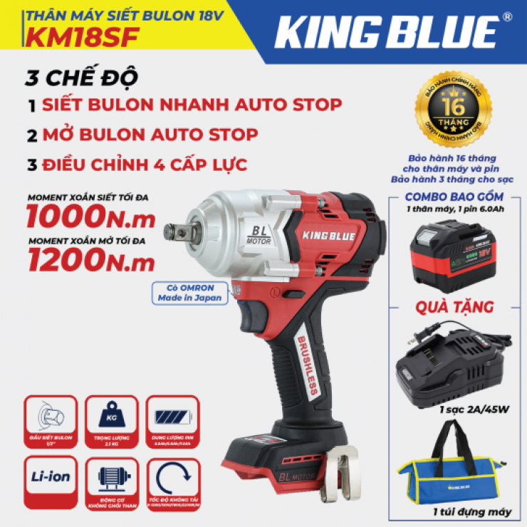 Máy siết bulong Pin 1000Nm KingBlue KM18SF ( cốt 1/2 inch )