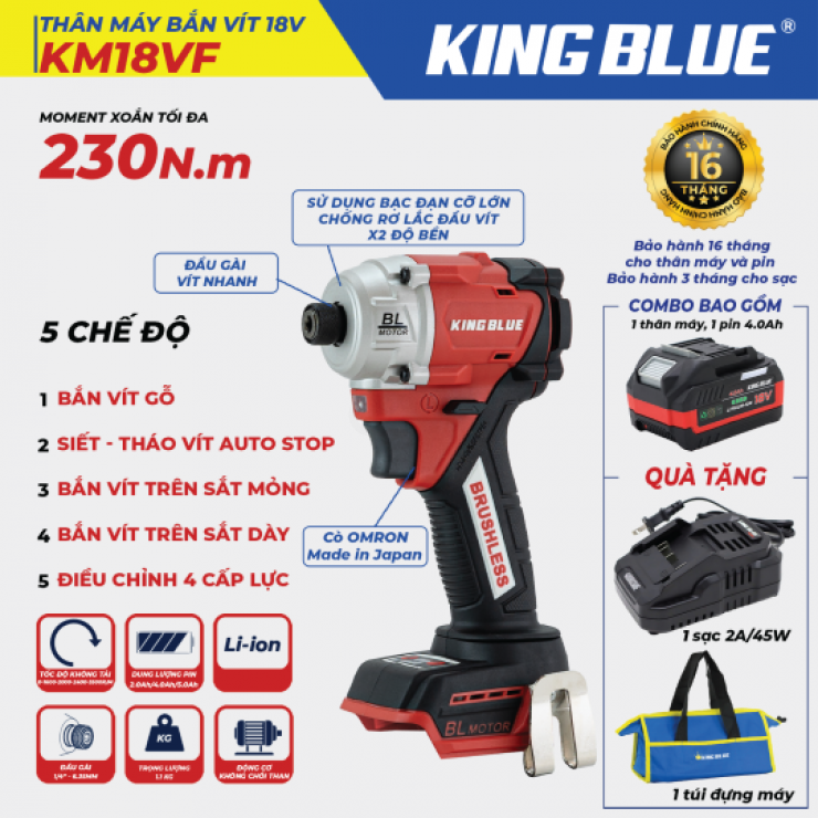 Máy bắn vít Pin 230Nm Kingblue KM18VF 