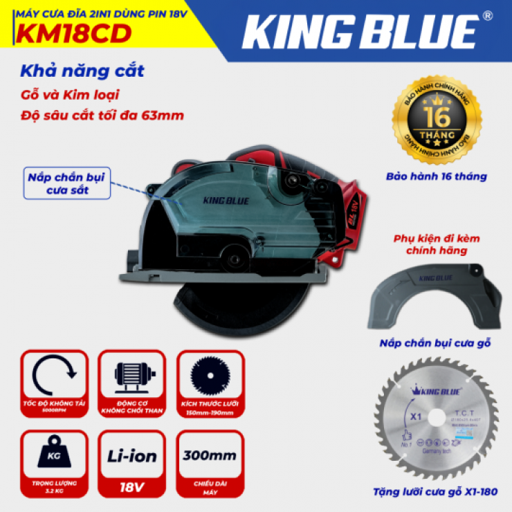 Máy cưa gỗ Pin 190mm Kingblue KM18CD ( kèm lưỡi theo máy )