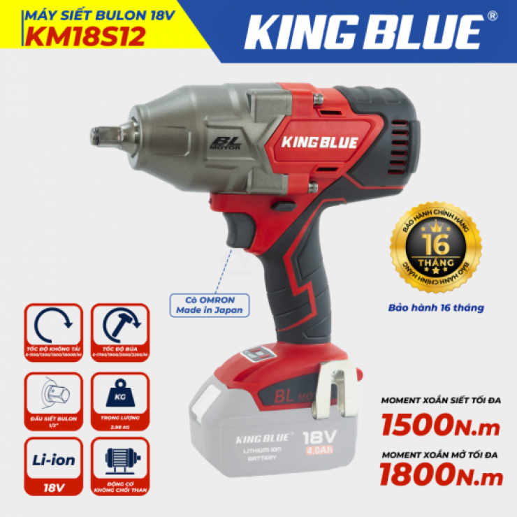 Máy siết bulong Pin 1500Nm KingBlue KM18S12 ( cốt 1/2 inch )