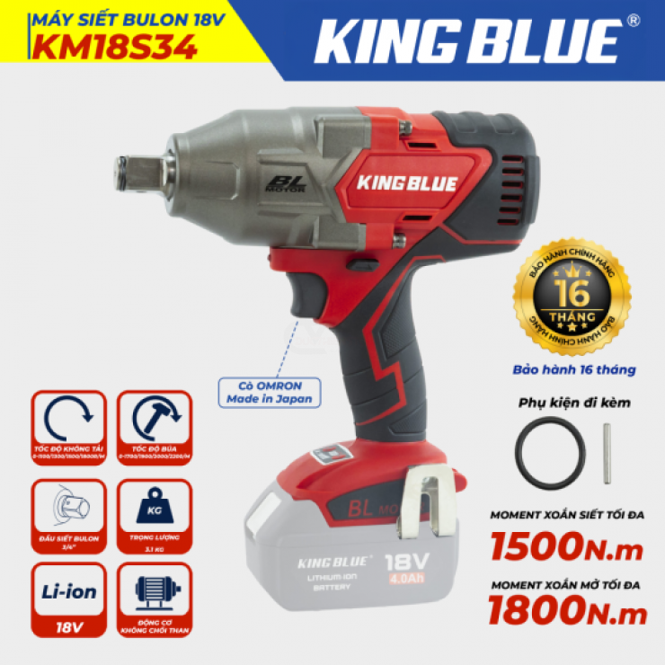 Máy siết bulong Pin 1500Nm KingBlue KM18S34 ( cốt 3/4inch )