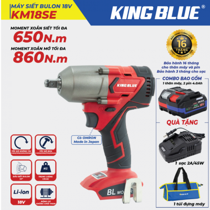 Máy siết bulong Pin 650Nm KingBlue KM18SE ( cốt 1/2 inch )
