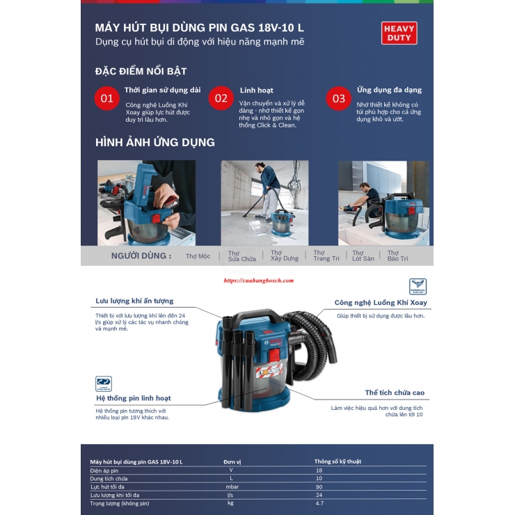 Máy hút bụi Pin 18V Bosch GAS 18V-10L ( chưa Pin & Sạc )