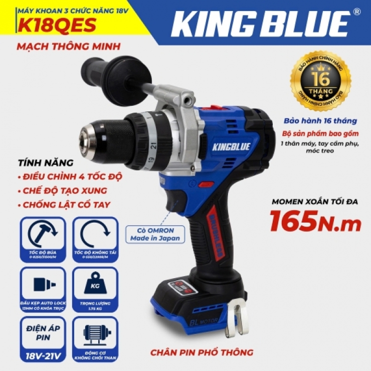 Máy khoan Pin 165Nm Kingblue K18QES ( chân Pin M21 , chưa Pin & Sạc )