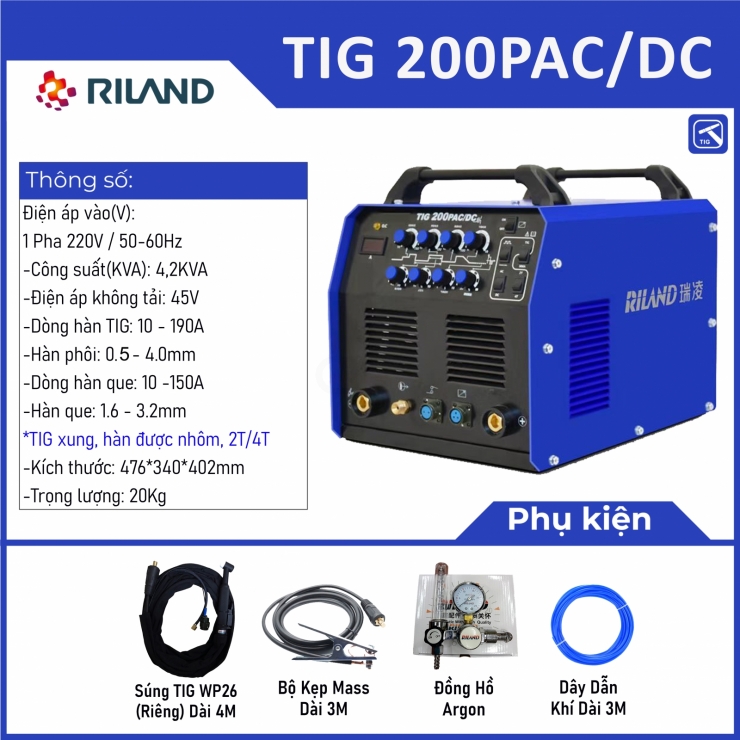 Máy hàn Tig nhôm Riland TIG 200PAC/DC Professional