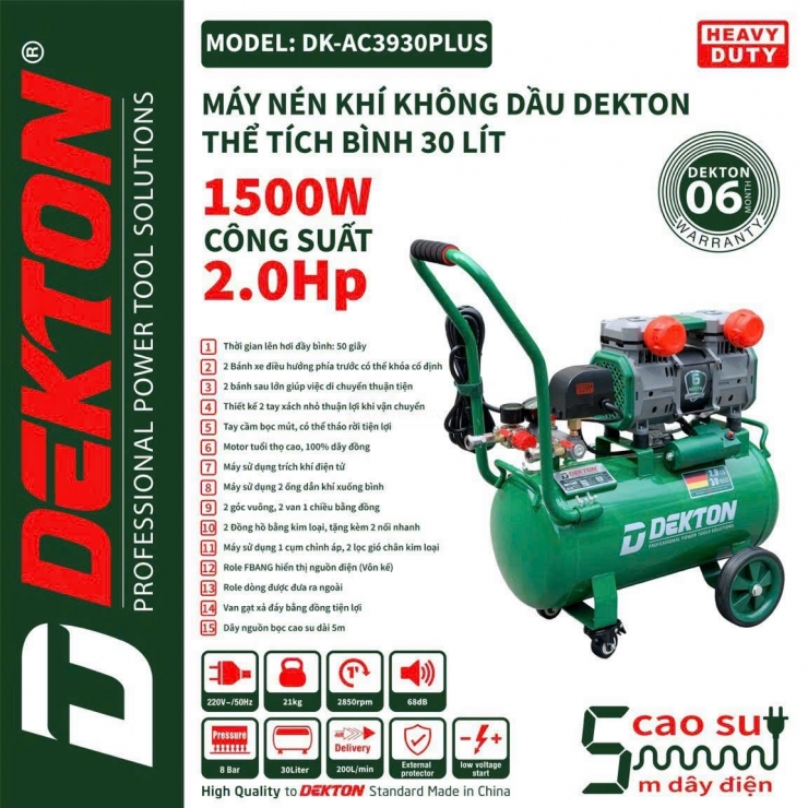 Máy nén khí không dầu 30 lít Dekton DK-3930PLUS 2.0Hp 50s đầy bình 