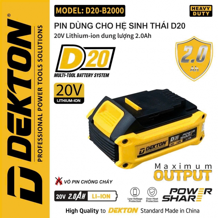 Pin 20V Dekton D20-B2000 5cell 4Ah ( Chân Pin Dewalt )
