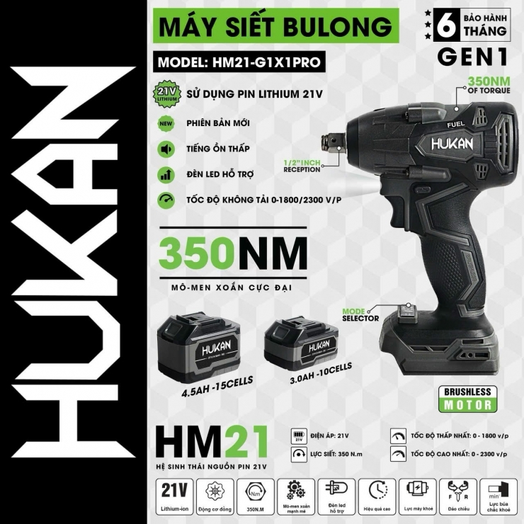 Combo Máy Siết Bulong Pin Hukan X1 SPORT 350Nm