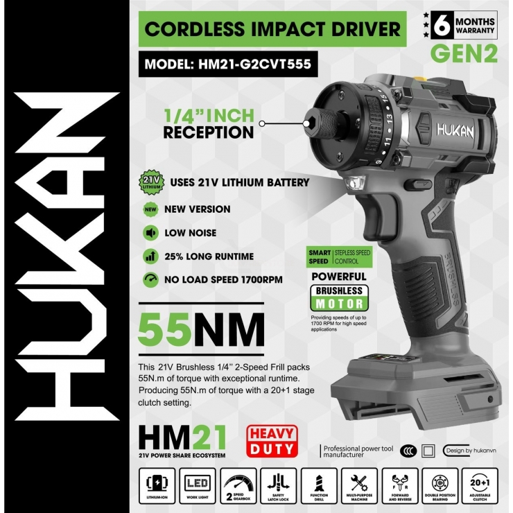 Thân Máy Chuyên Vít Trượt Hukan HM21-G2CVT555 ( Chưa Pin & Sạc )
