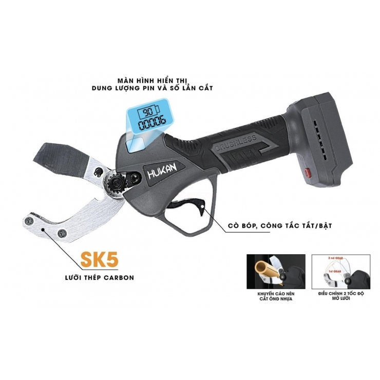 Kéo cắt ống nhựa 40mm Pin 21V Hukan HM21-G2WPS5440BL Brushless