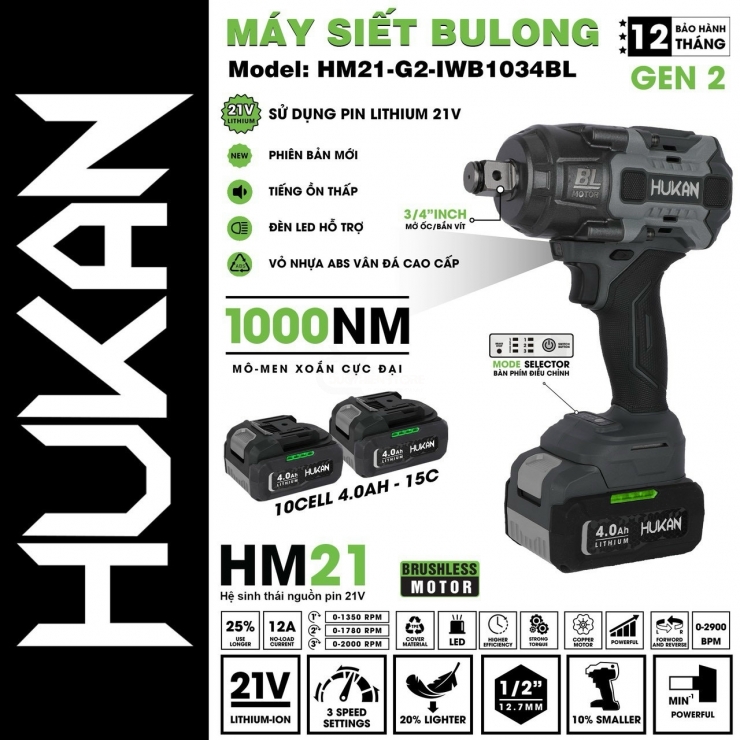 Máy siết bulong 1000Nm Pin 21V Hukan HM21-G2-IWB1034BL 3/4 inch