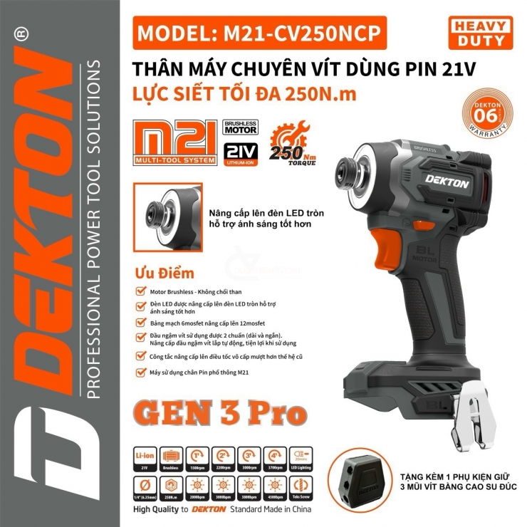 Máy bắn vít Pin 21V Dekton M21-CV250NCP Gen 3 