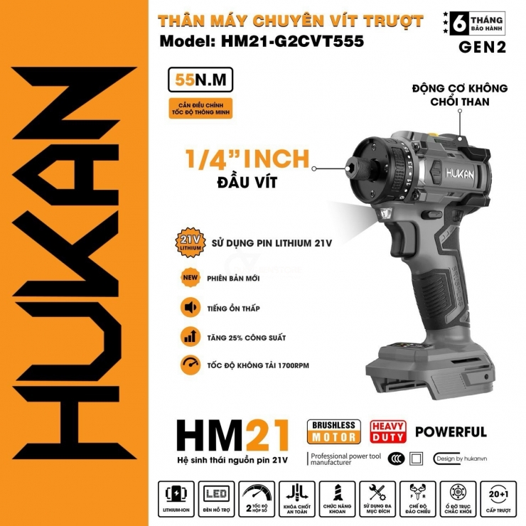 Thân Máy Chuyên Vít Trượt Hukan HM21-G2CVT555 ( Chưa Pin & Sạc )