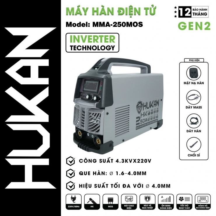 Máy hàn điện tử 250A Hukan MMA-250mos 3 bo