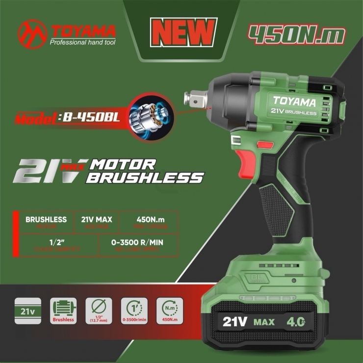 Máy siết bulong Pin 21V Toyama B450N Brushless ( kèm phụ kiện )