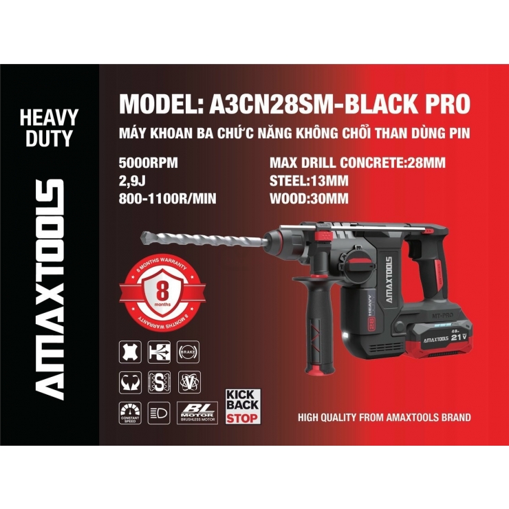 Thân Máy Khoan Bê Tông Pin Amaxtools A3CN28SM-BLACK PRO ( Chưa Pin & Sạc )