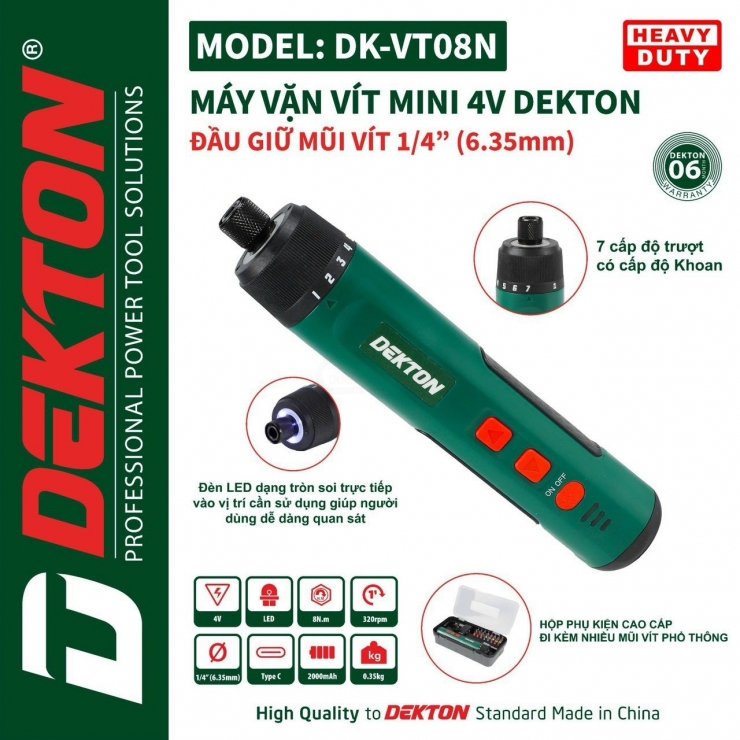 Máy Siết Vít Trượt Mini Dekton DK-VT08N ( Dùng Pin 4V Cổng Sạc Type C )