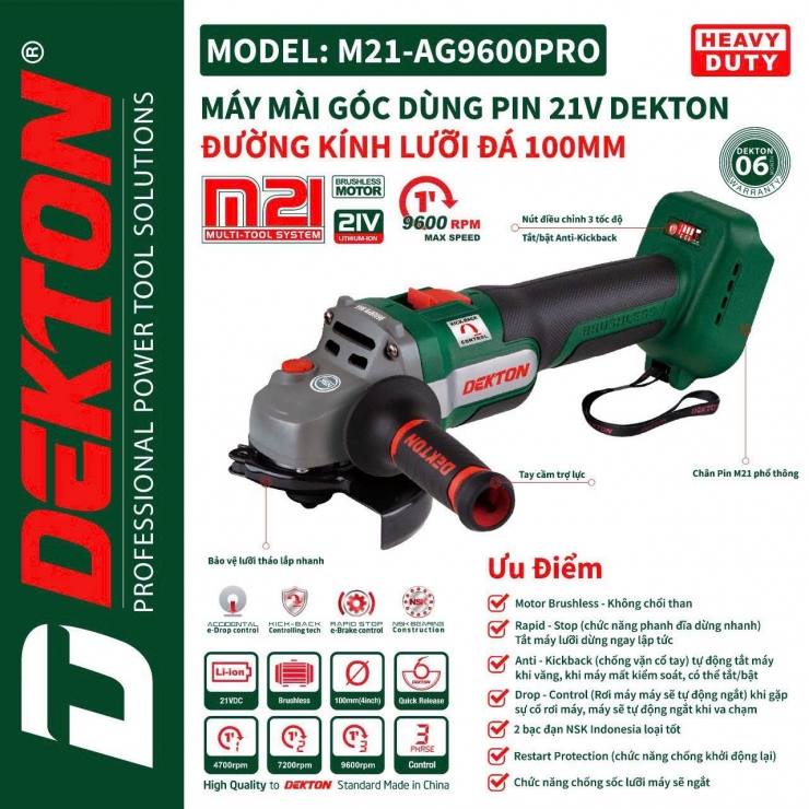 Máy mài Pin 21V Dekton M21-AG9600PRO Antikick Back