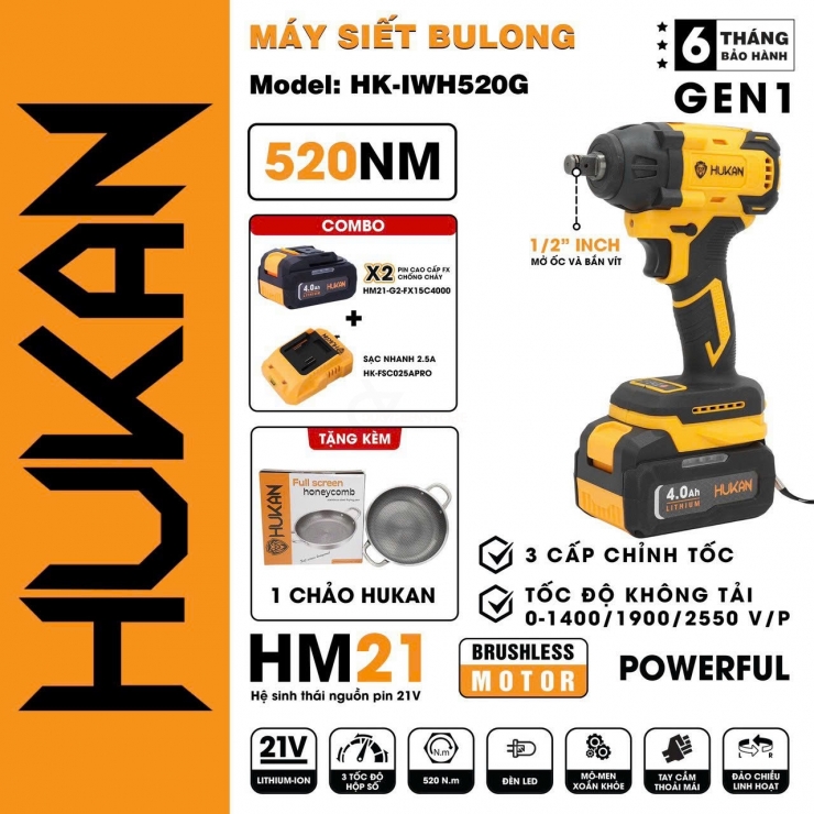 Combo Máy Siết Bulong Dùng Pin Hukan HK-IWH520G ( Kết Hợp Pin Mới Gen 2 )