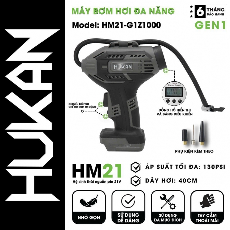 Máy bơm lốp xe Pin 21V Hukan HM21-G1-Z1000