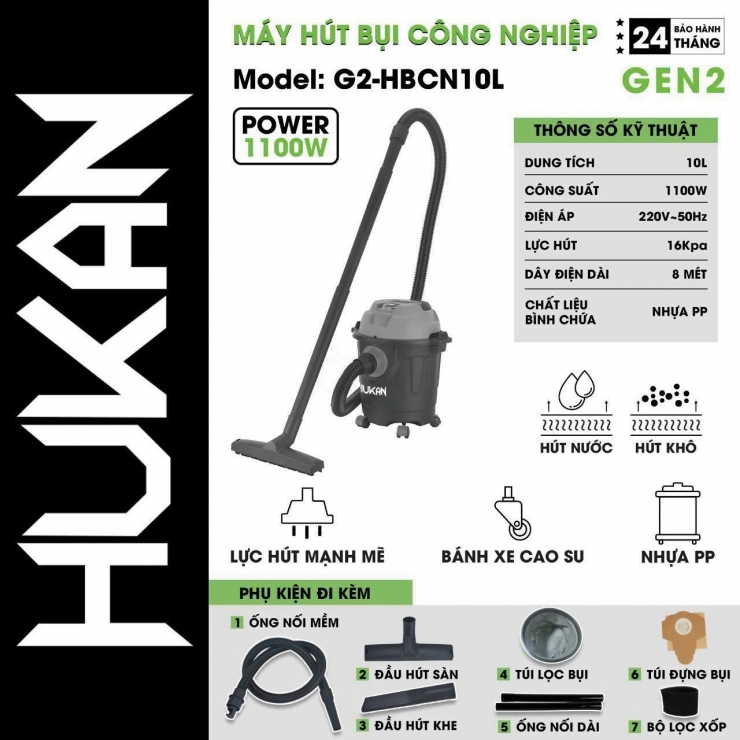 Máy Hụt Bụi Công Trình Hukan G2-HBCN10L ( Hút Khô & Nước )
