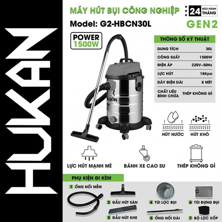Máy hút bụi 15 lít Hukan G2-HBCB15L ( Hút Khô & Nước )