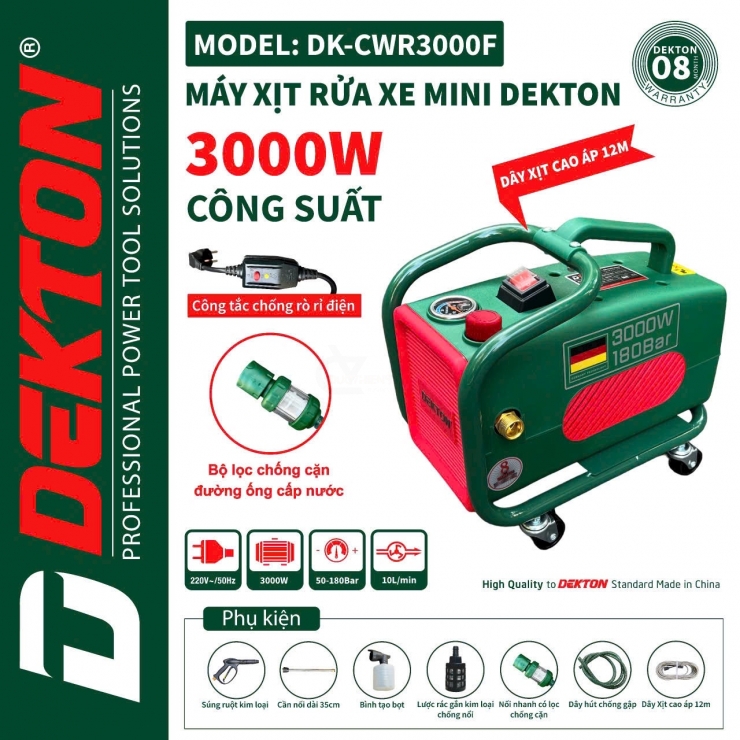 Máy rửa xe áp cao 3000W Dekton DK-CWR3000F chỉnh áp - chống giật