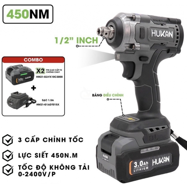 Combo Máy Siết Bulong Pin Hukan HK-IPW450PRO