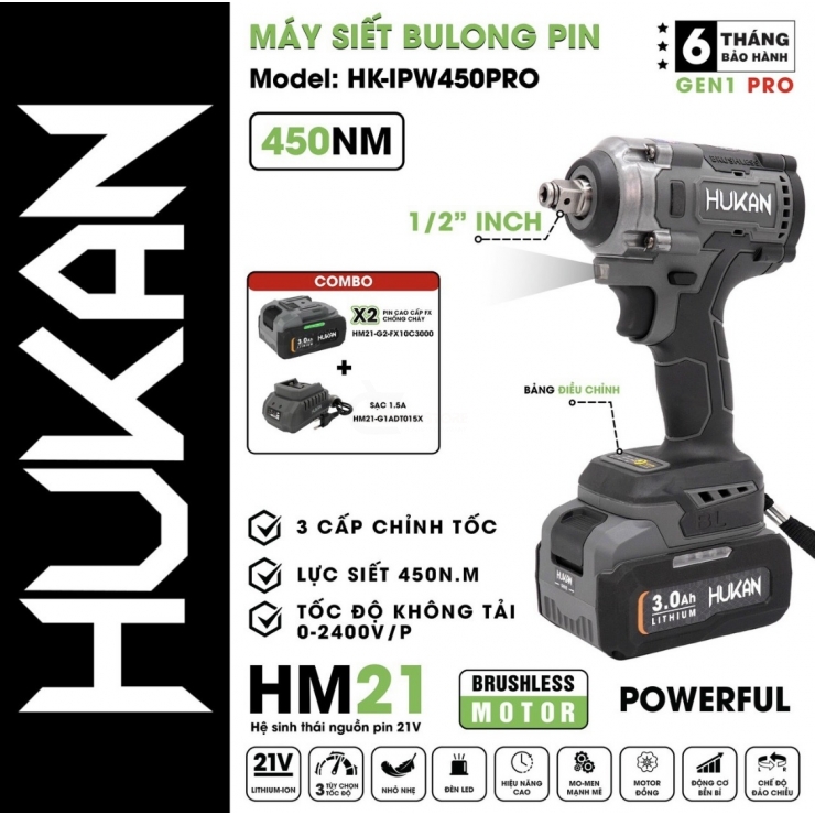 Combo Máy Siết Bulong Pin Hukan HK-IPW450PRO