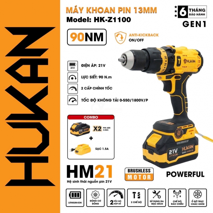 Combo Máy Khoan Pin 13mm Hukan HK-Z1100 ( on/off Antikick Back )