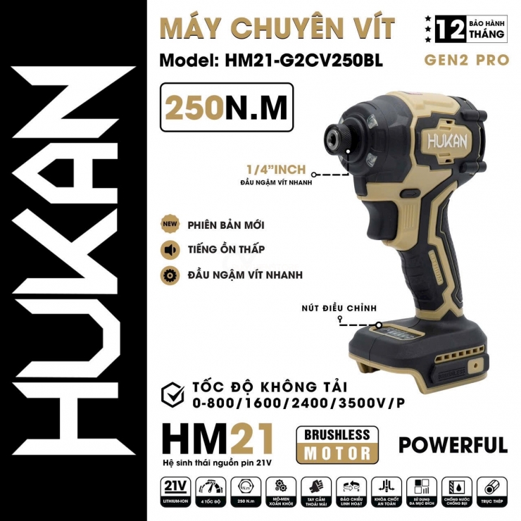 Thân máy chuyên vít dùng pin Hukan HM21-G2CV250BL( Chưa Pin & Sạc )