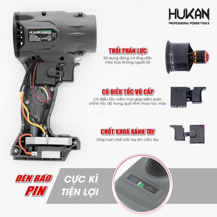 Máy thổi phản lực Pin 21V Hukan G2TPL-F1 Brushless
