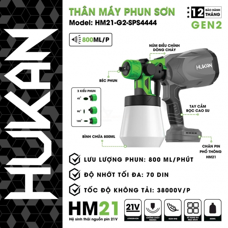 Máy phun sơn Pin 21V Hukan HM21-G2-SPS4444