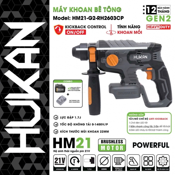 Combo máy khoan bê tông pin Hukan HM21-G2-RH2603CP